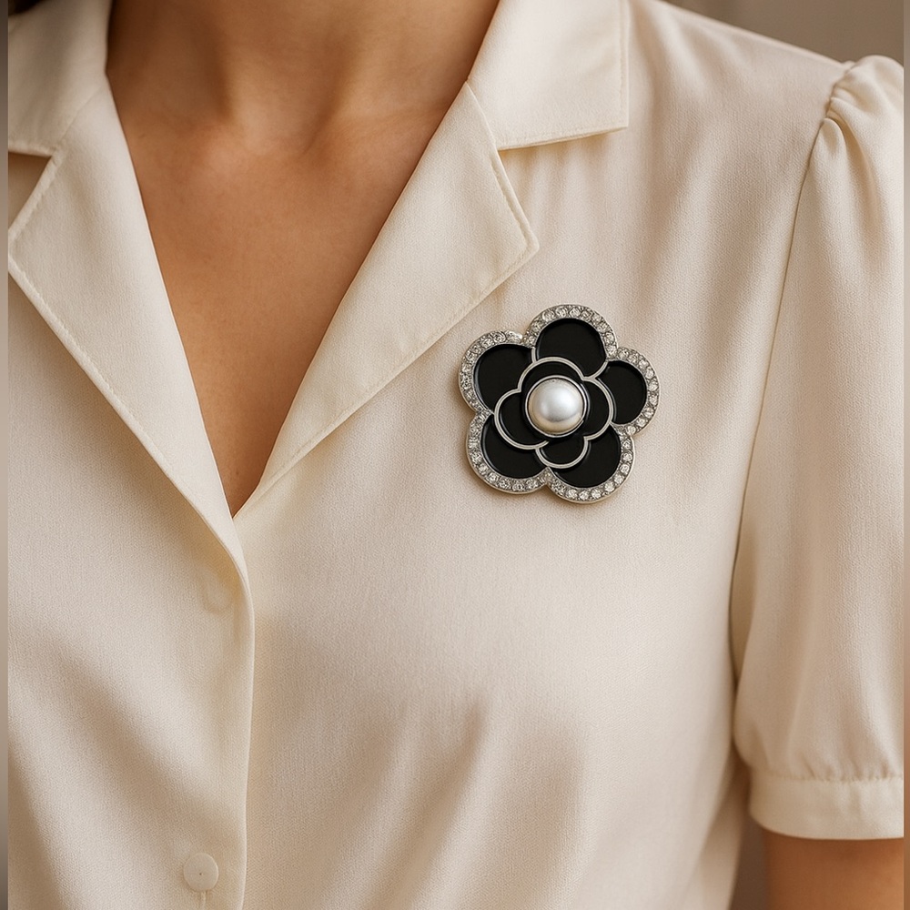 Black and White Jeweled Flower Brooch